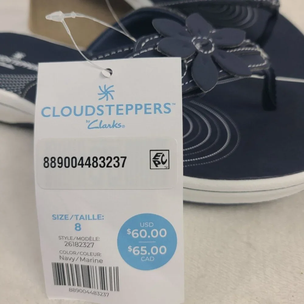 NEW Cloudsteppers By Clarks Women's Navy Blue Floral Flip Flop Sandals Size 8 - Picture 2 of 7